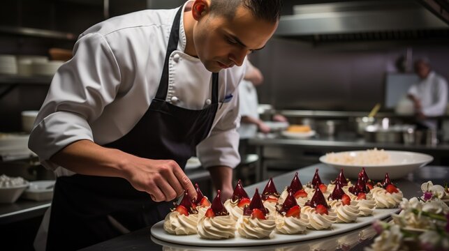 Chef adding final touches to a pavlova in a kitchen. Image of food.