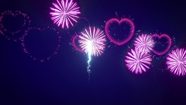 valentines day heart shaped fireworks celebration 3d animation rendering .