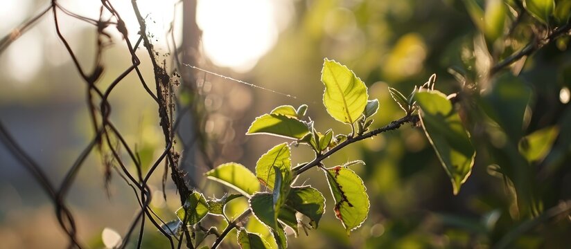 Closeup of developing Chinese tallow plant near cyclone wire fence.