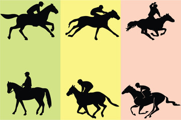 Horse Racing Competition icons. Jockeys on horses galloping on the racetrack. Editable vector silhouettes of riders. Horse race competition and tournament poster or banner idea. eps 10.