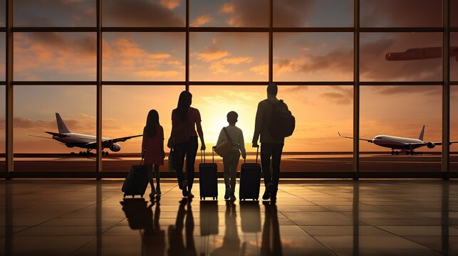 Silhouette Of Business Travelers Walking Towards Boarding Gate At Modern Airport Terminal. Image Of Traveller At The Airport.