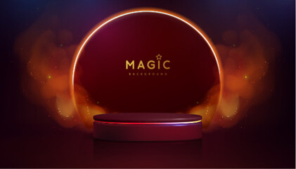 Magic red showcase background with 3d podium and golden fog or steam. Glowing shiny trail. Vector illustration