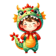 Fototapeta premium Watercolor boy in a dragon suit. Chinese New Year concept. Dragon suit boy clipart.