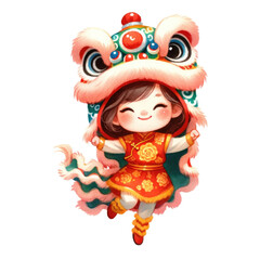 Watercolor girl in red lion dance suit. Chinese New Year concept. Red lion dance suit girl clipart.
