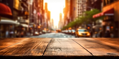 The empty wooden table top with blur background of NYC street. Exuberant image. generative AI - obrazy, fototapety, plakaty