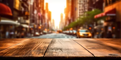 Tableaux ronds sur plexiglas Anti-reflet TAXI de new york The empty wooden table top with blur background of NYC street. Exuberant image. generative AI