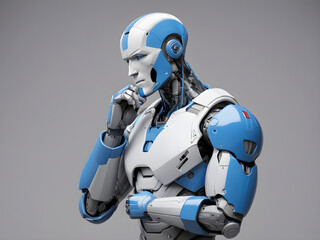 robot standing and thinking blue and gray, 3D, Isolate background