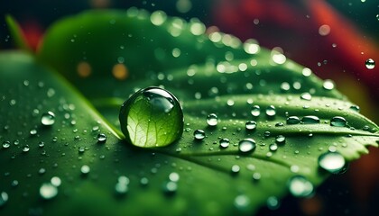 High-res desktop wallpaper: intricate, realistic water droplets on a green leaf. Glistening in light, exquisite details, blurred background for emphasis.
