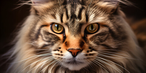 Close-Up of a Maine Coon Cat with Amber Eyes - obrazy, fototapety, plakaty