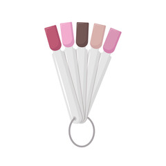 Nail tips with gel polish, false varnish nails palette. Pedicure, manicure in beauty spa salon tools, accessories. Polished fingernails, equipment