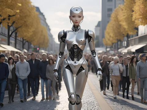 Girl robot walking on the street in the crowd,
