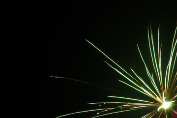 Green fireworks light up the night sky, New Year's celebration.