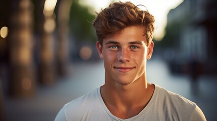 Joyful young man flashing a radiant smile in vibrant portrait - authentic expression of happiness and confidence