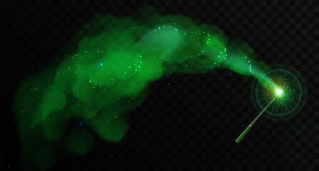 Magic wand with green glowing shiny trail isolated on black transparent background. Vector illustration © annbozhko