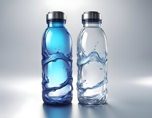 AI art: Two glass water bottles shine on a white backdrop. Transparency, radiant glow, and allure highlight their beauty and practicality