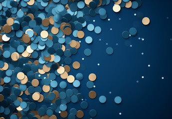 Festive design with copy space, metallic glitter foil confetti on blue.