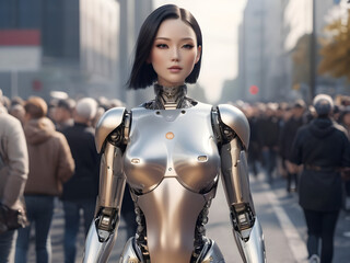 Beautiful girl robot. Standing among the crowd. urban, 3D