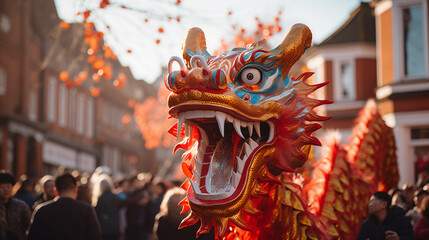 Beautiful decorated dragon performing traditional Chinese New Year dragon dance