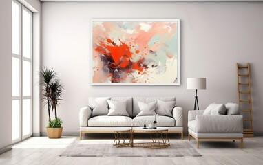 Living room interior design. Minimalistic style art studio space mockup. Huge white framed blank art canvas on large wall in minimal room. Soft day light. Gallery, exhibition, exposure. AI Generative.