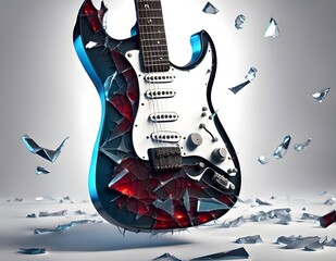 An AI-crafted image displays a shattered glass guitar against a pristine white backdrop, showcasing intricate, sharp cracks and splinters that evoke a poignant sense of fragility and loss.
