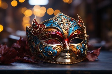 venetian carnival mask with decorative decorations, in the style of dark teal and light magenta, vibrant stage backdrops, light gold and orange, selective focus