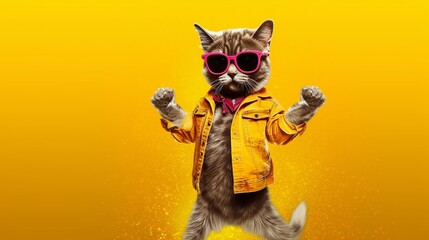 cool dancing cat in sunglasses on a yellow background, Generative ai - obrazy, fototapety, plakaty