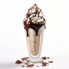 Delicious creamy chocolate cocktail in a glass on a white background, soft ice cream, dairy product. dessert.