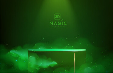 Magic green showcase background with 3d podium and green fog or steam. Glowing shiny trail. Vector illustration