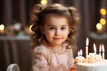 Obraz na płótnie Canvas little girl with candles on the cake, in the style of wavy, luminous portraits. birthday child with lighted up cake, children's party, birthday.