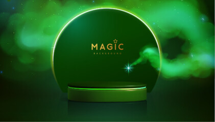 Magic green showcase background with 3d podium and green fog or steam. Glowing shiny trail. Vector illustration
