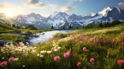 Colorful Wildflowers in a Serene Alpine Meadow - obrazy, fototapety, plakaty
