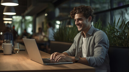 Happy young man smiling and working on laptop at outdoor