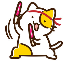 サイリウムを持って全力オタ芸を披露するかわいいねこのキャラクターのデフォルメイラスト