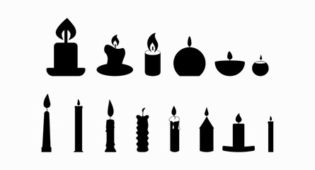 A set of candles, lighting during power outages. Decoration for birthday party, romantic dinner for Valentine's Day. Festive hand drawing of a candle with wick and wax. Isolated. Vector - obrazy, fototapety, plakaty