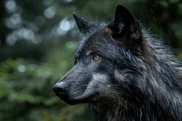 Fototapeta premium closeup portrait of a grey wolf in the rain