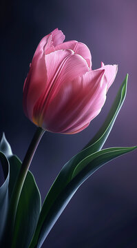 a singel pink tulip with a purple background