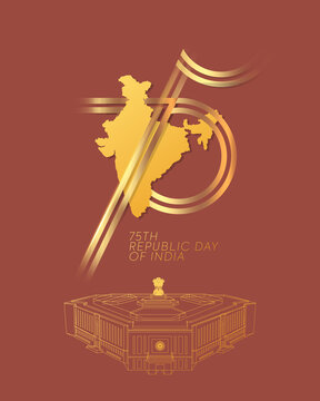 Happy Republic Day of India. 26 January. A creative and conceptual poster design for the Republic Day celebration. Typography Design. Golden Indian Map. Celebrating 75th year.