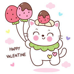 Obraz na płótnie Canvas valentine card with kawaii cat holding strawberry balloon kitten baby animal