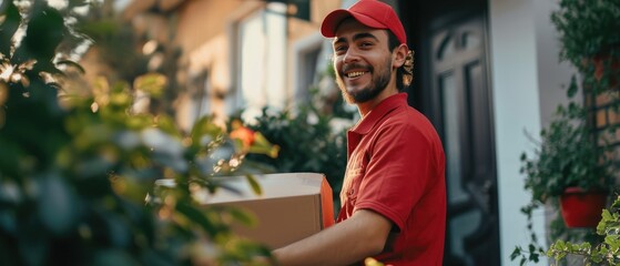 Handsome delivery man sending parcel box to customer, mail postman courier, shipment concept. - obrazy, fototapety, plakaty