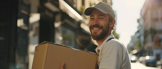 Handsome delivery man sending parcel box to customer, mail postman courier, shipment concept.