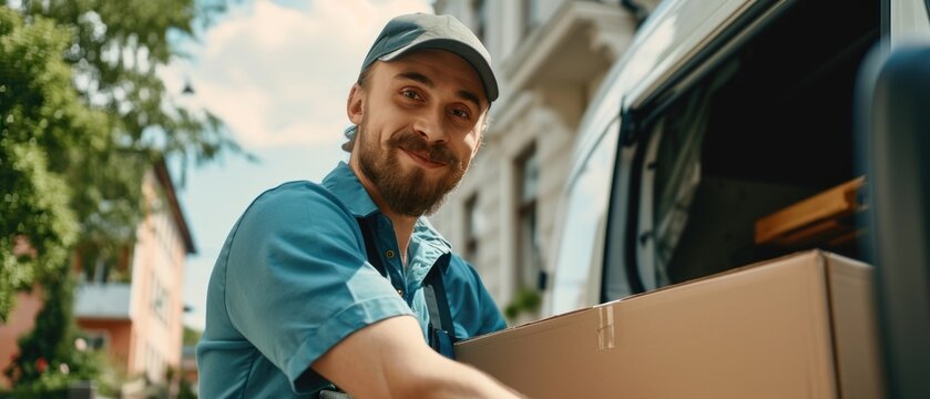 Handsome delivery man sending parcel box to customer, mail postman courier, shipment concept.