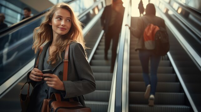 Young businesswoman with bag and phone getting up on the escalator during the business trip in the modern city. image of beautiful woman. copy space for text.