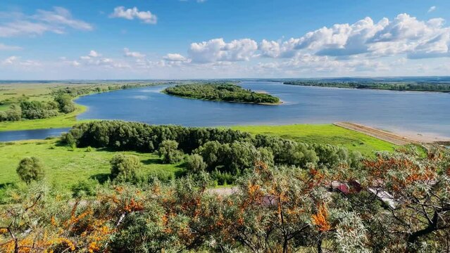 Picturesque view of the Kama River from the observation deck at the Yelabuga settlement. The movement of clouds over the river. Lower Kama National Park. Yelabuga, Republic of Tatarstan, Russia, 4K