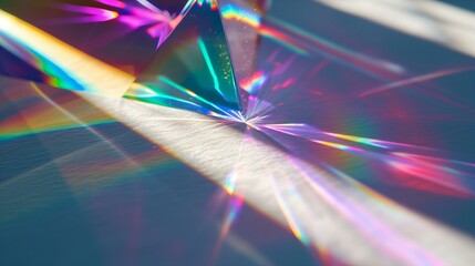 macro of crystal prism rainbow reflection of a crystal, sunny, on a white backdrop, shadow ang light, purple and pink soft light - obrazy, fototapety, plakaty