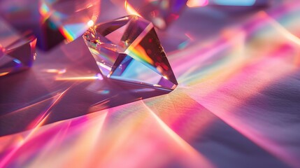 macro of crystal prism rainbow reflection of a crystal, sunny, on a white backdrop, shadow ang light, purple and pink soft light