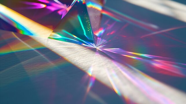 macro of crystal prism rainbow reflection of a crystal, sunny, on a white backdrop, shadow ang light, purple and pink soft light