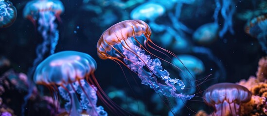 Fluorescent jellyfish in an underwater aquarium with tentacles. - obrazy, fototapety, plakaty