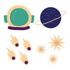 Outer Space Birthday With Doodle Design Style. Vector Icon Collection.