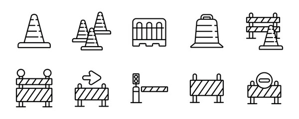 Barrier traffic block cone icon set safety roadwork construction signs vector illustration
