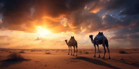 Fototapeta na wymiar camel in the desert at sunset with dramatic clouds